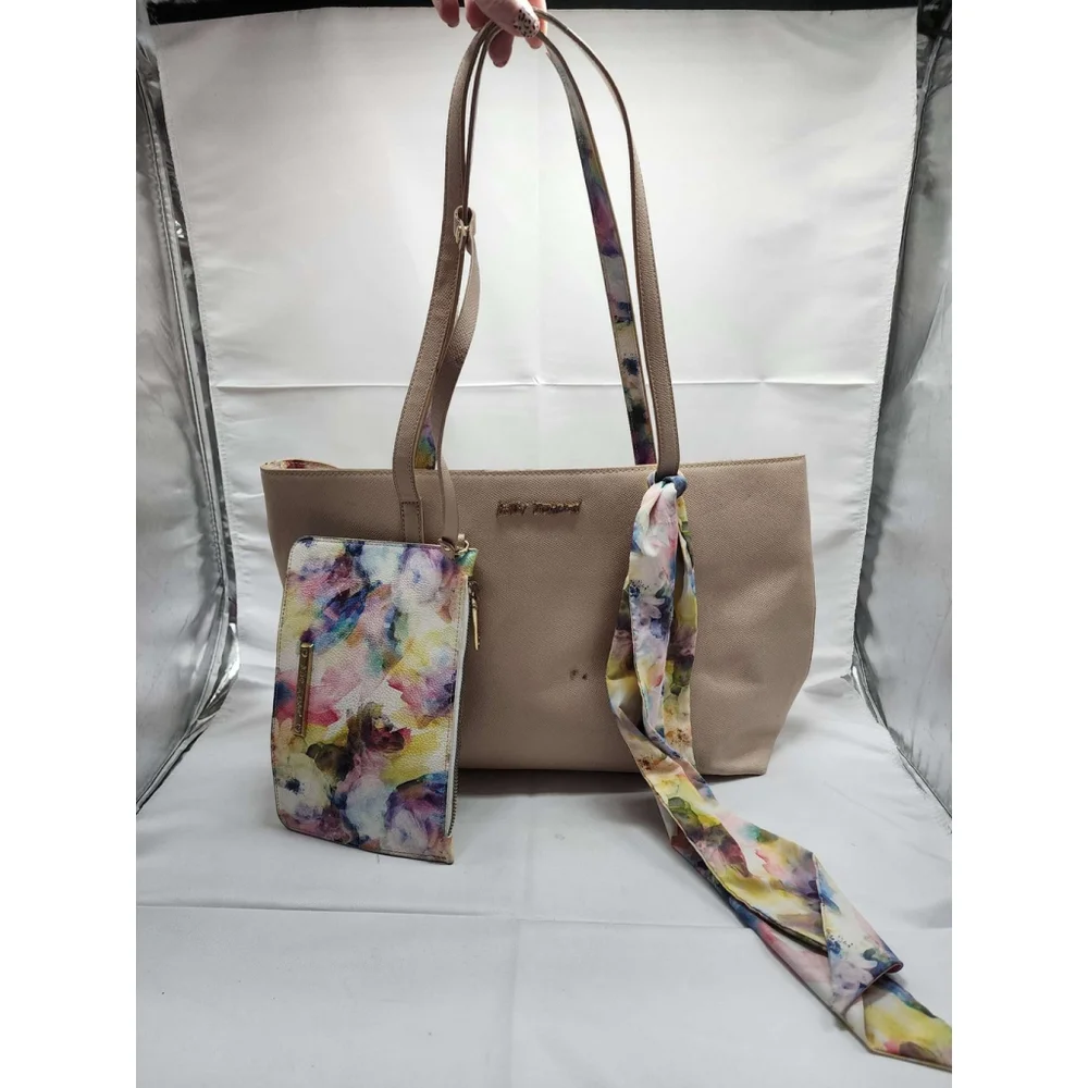 Betsey Johnson Tote Bag with Matching Wallet Floral Scarf Detail Nude Tan Used
